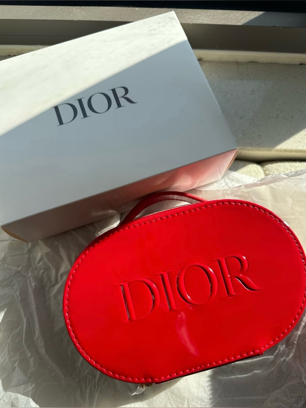 Dior Red Patent Oval Cosmetic Case with Top Handle